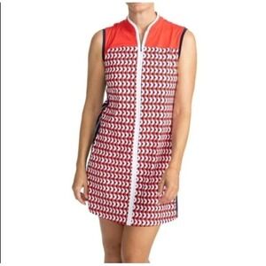 KINONA Women's L Zip Front Geometric Print Italian Fabric Sleeveless Golf Dress